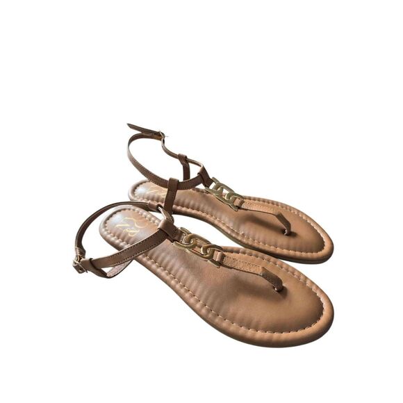 NY&C Flat Sandals Size 7 Brown Ankle Strap Logo - Picture 2 of 5